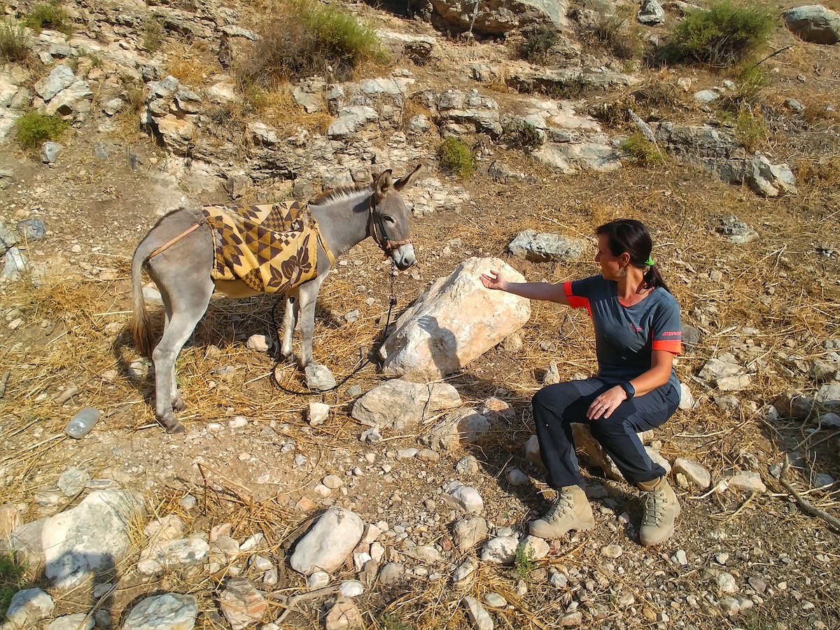 Laura in sosta sulle rocce durante il trekking del Jordan Trail in Giordania
